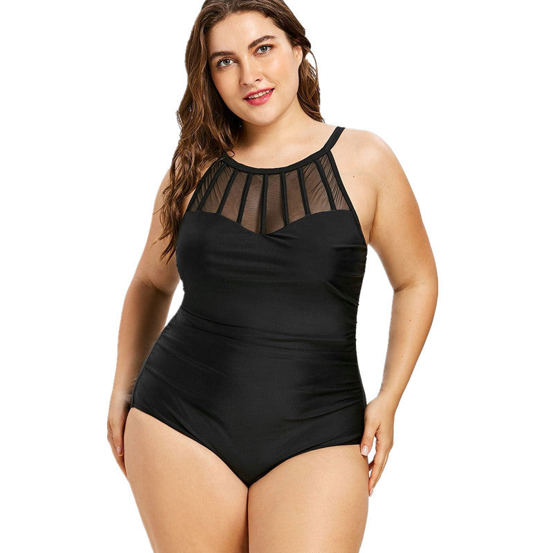 Women's One Piece Plus Size Swimsuit with Mesh Bodice-Black-Theone Apparel
