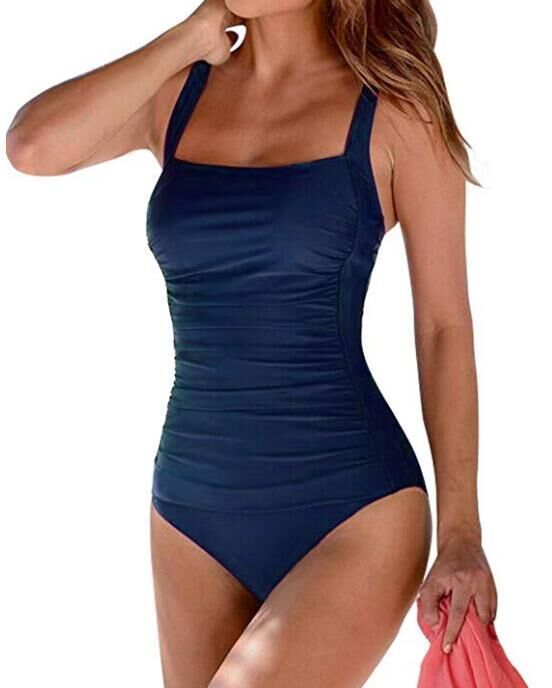 Women's One Piece Solid Color Square Neckline Swimsuit-Navy Blue-Theone Apparel