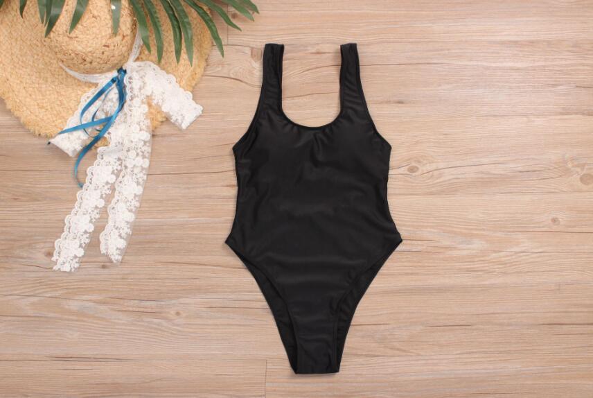 Women's One Piece Solid Color Swimsuit with U-Neck-Black-Theone Apparel