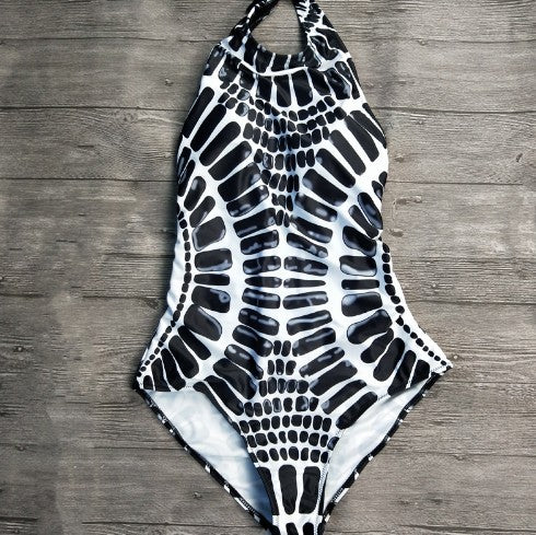 Women's One Piece Swimsuit with Black and White Abstract Patterning-Theone Apparel