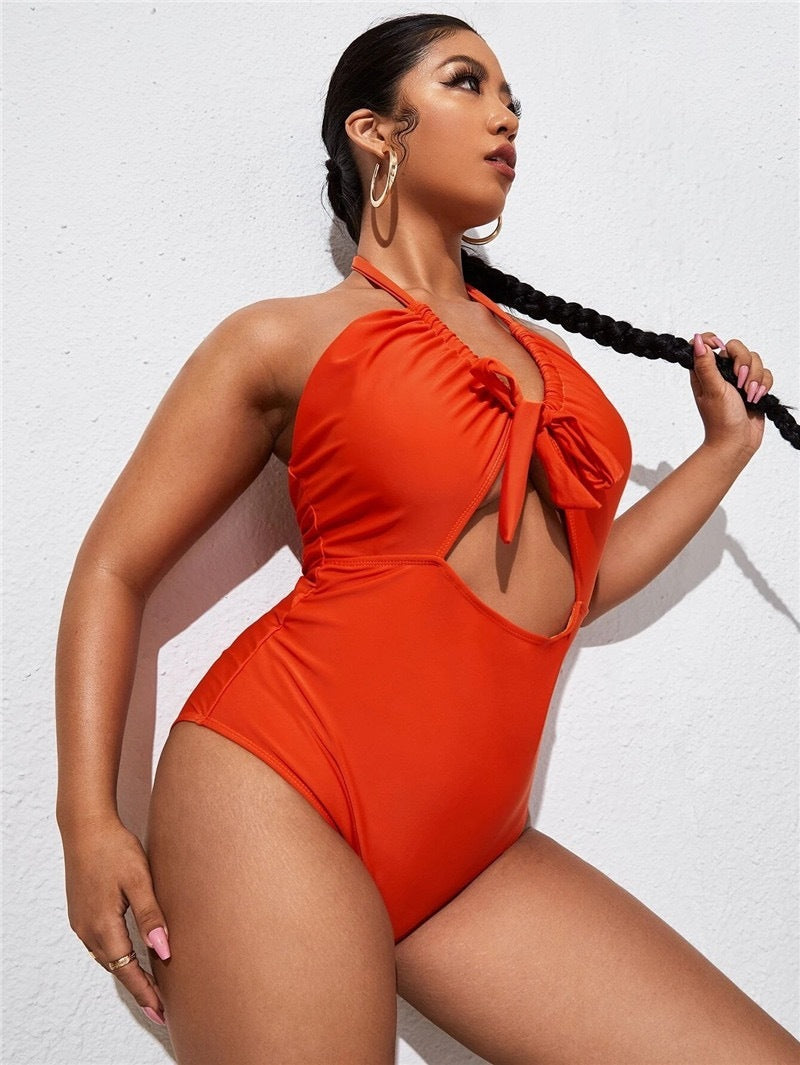 Women's One Piece Swimsuit with Multicolor Geometric Patterning-Orange-Theone Apparel