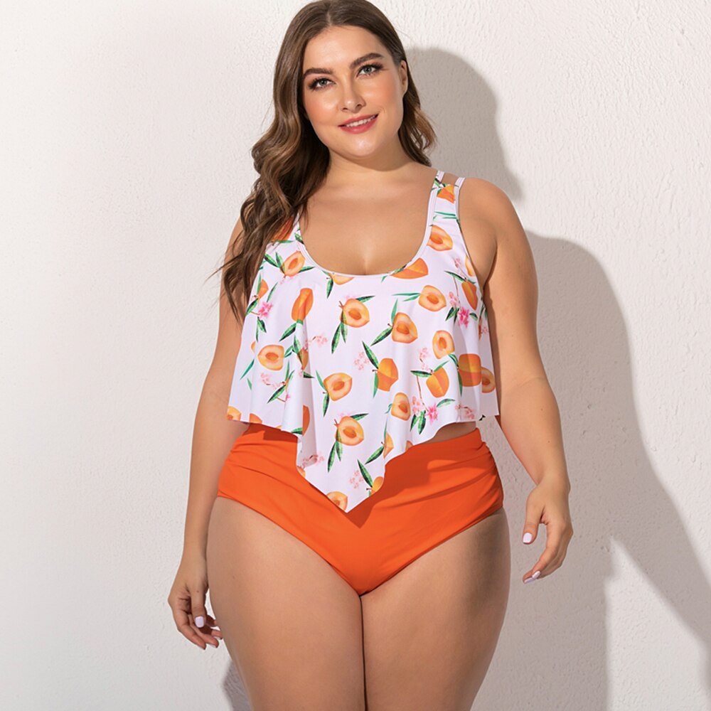 Women's Plus Size Two Piece Peach Themed Swimsuit-Orange-Theone Apparel