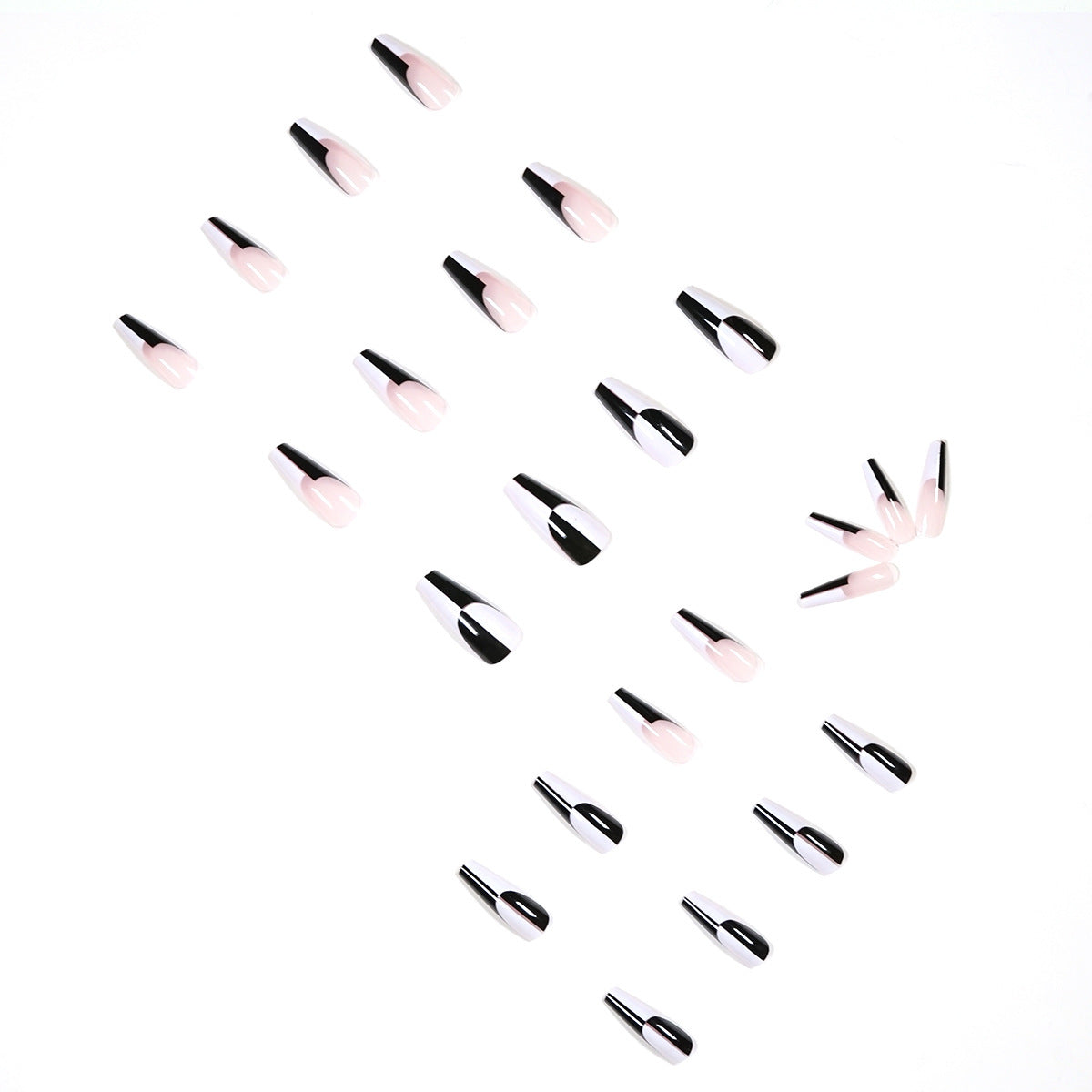 Women's Retro Long Square Black and White Asymmetrical False Nail Set-Theone Apparel