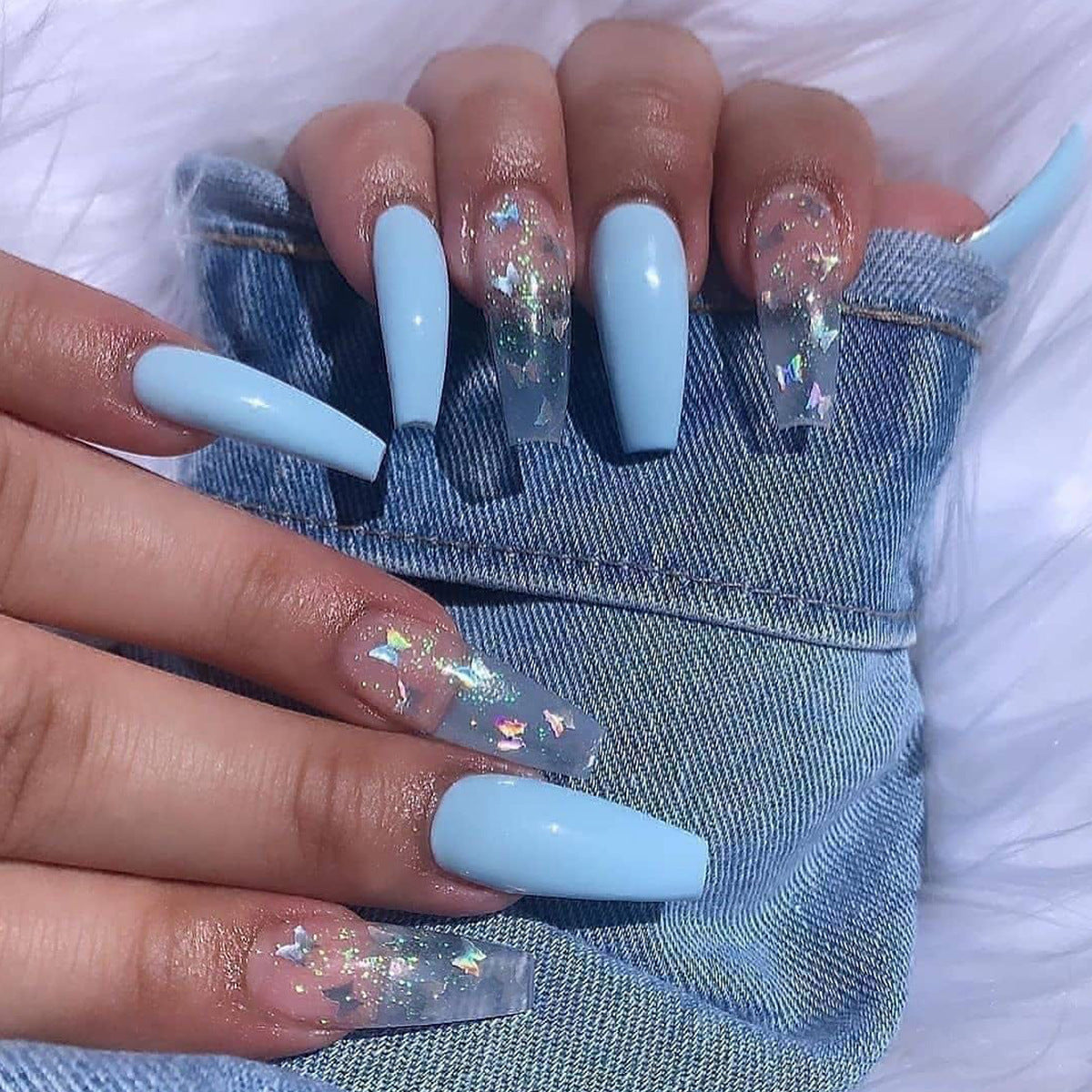 Women's Sky Blue and Transparent Coffin Shaped Accent Nail Set-Blue-Theone Apparel