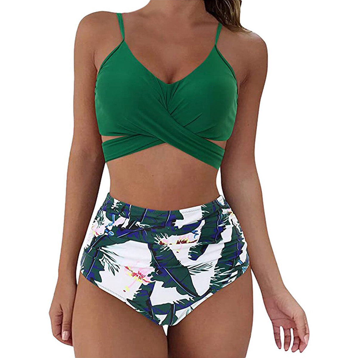 Women's Two Piece Bikini With High Waist Animal Print Bottoms-Green/White-Theone Apparel