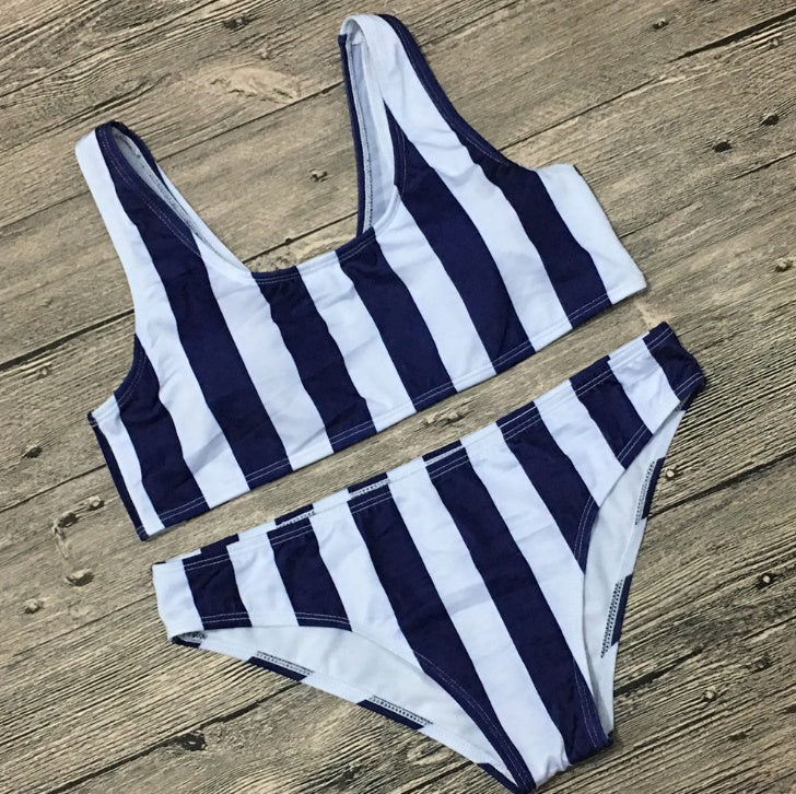 Women's Two Piece Black and White Stripe Bikini Set-Black/White-Theone Apparel