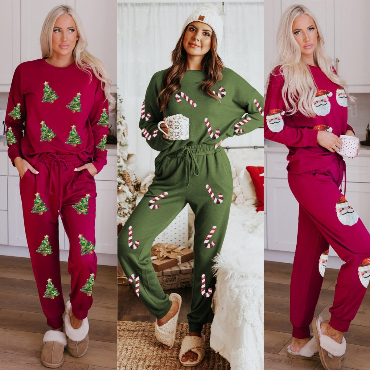 Women's Two Piece Christmas Morning Pajama Set in Various Colors and Patterns-Theone Apparel