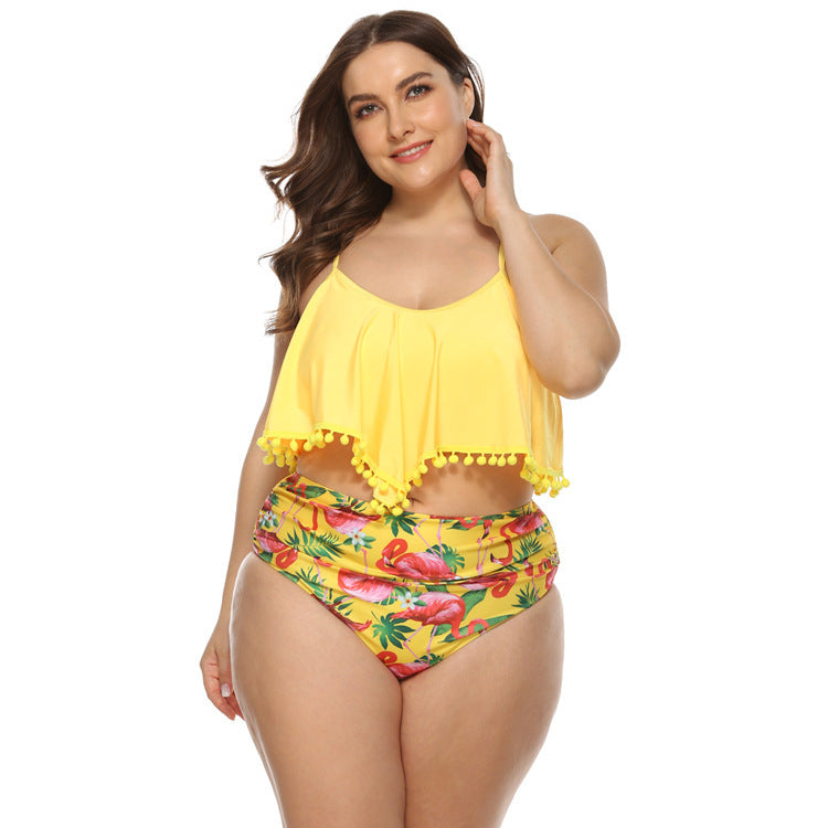 Women's Two Piece Tassel Crop Top Plus Size Bikini-Yellow-Theone Apparel