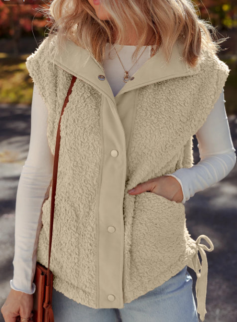 Snap-Front Faux Fur Plush Vest With Side Knot and Pockets