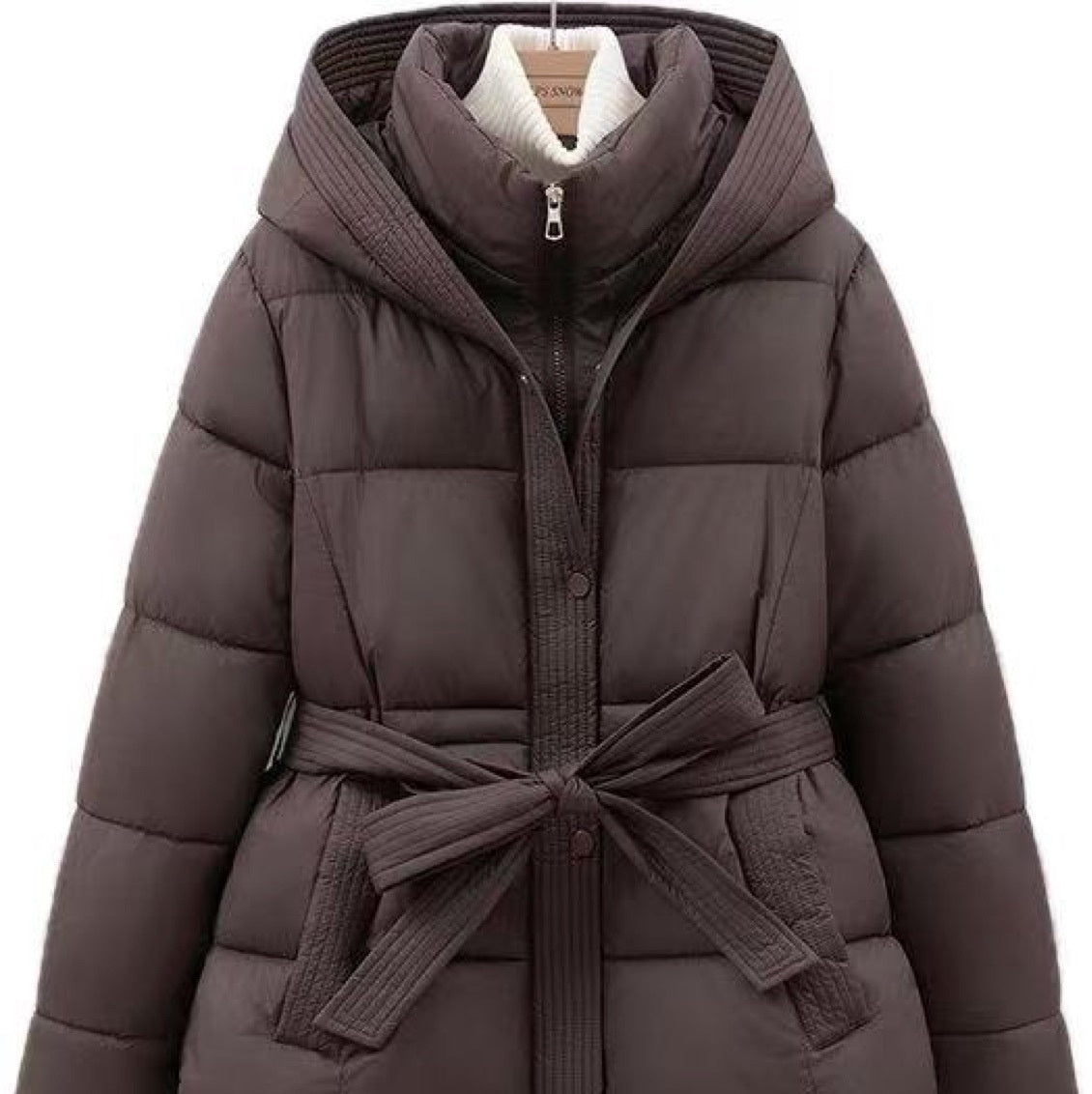 Short Women's Waist-Cinching Hooded Tie-Front Warm Coat