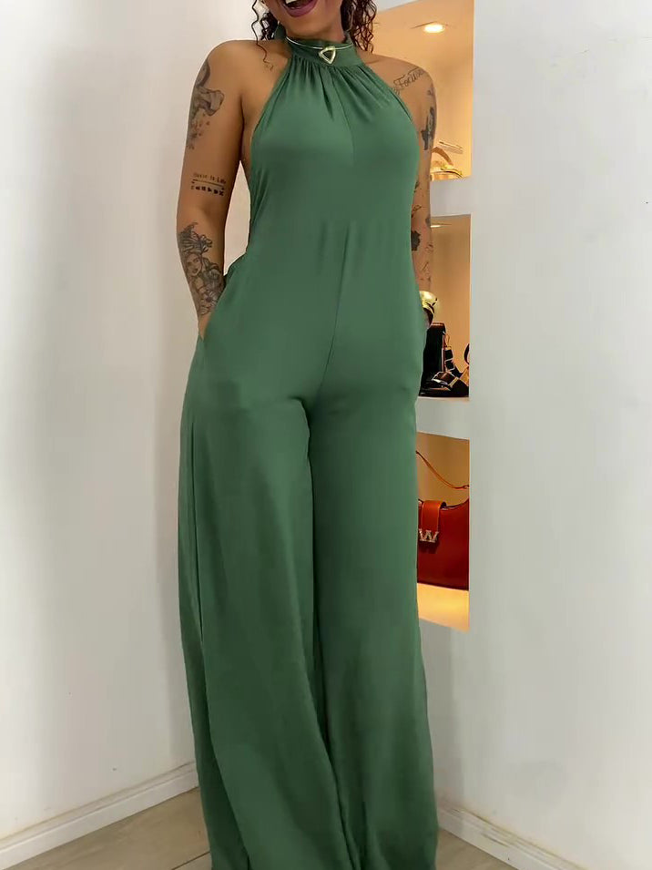 Halter Neck Backless Jumpsuit With Full Length Pants