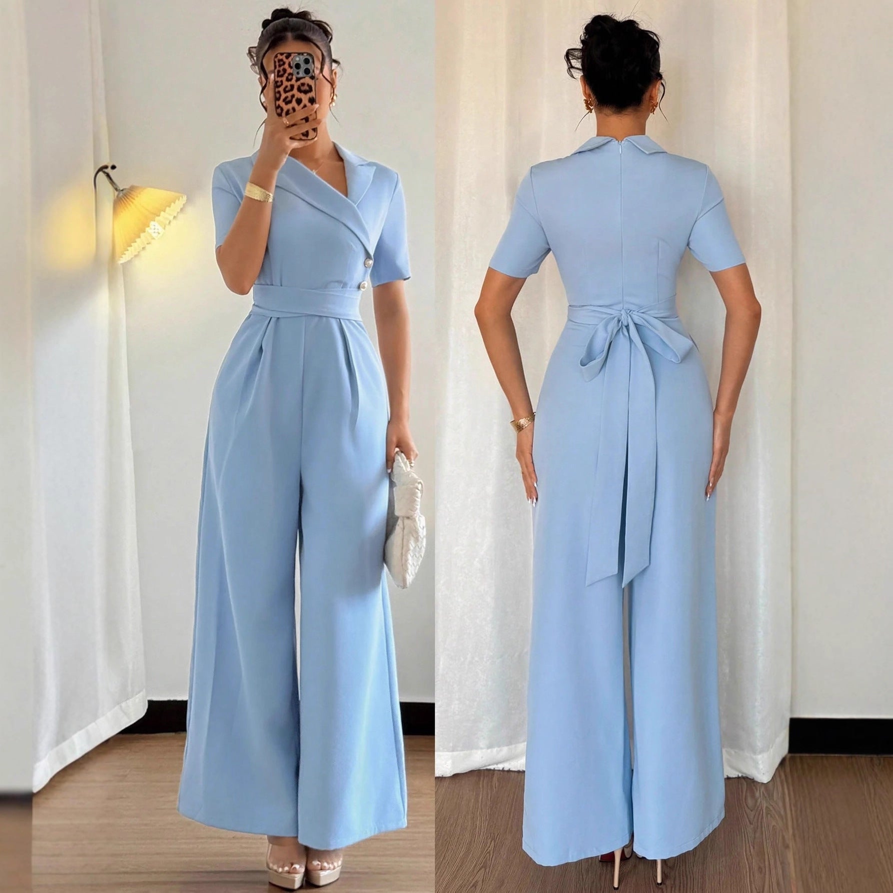 Sky Blue Off Shoulder Belted Jumpsuit With Elegant Slim Fit