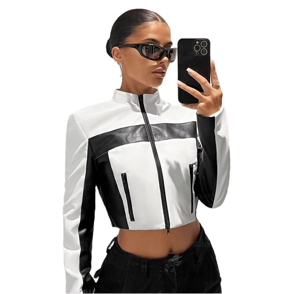 Black And White Contrast Short Slim Zipper Faux Leather Jacket