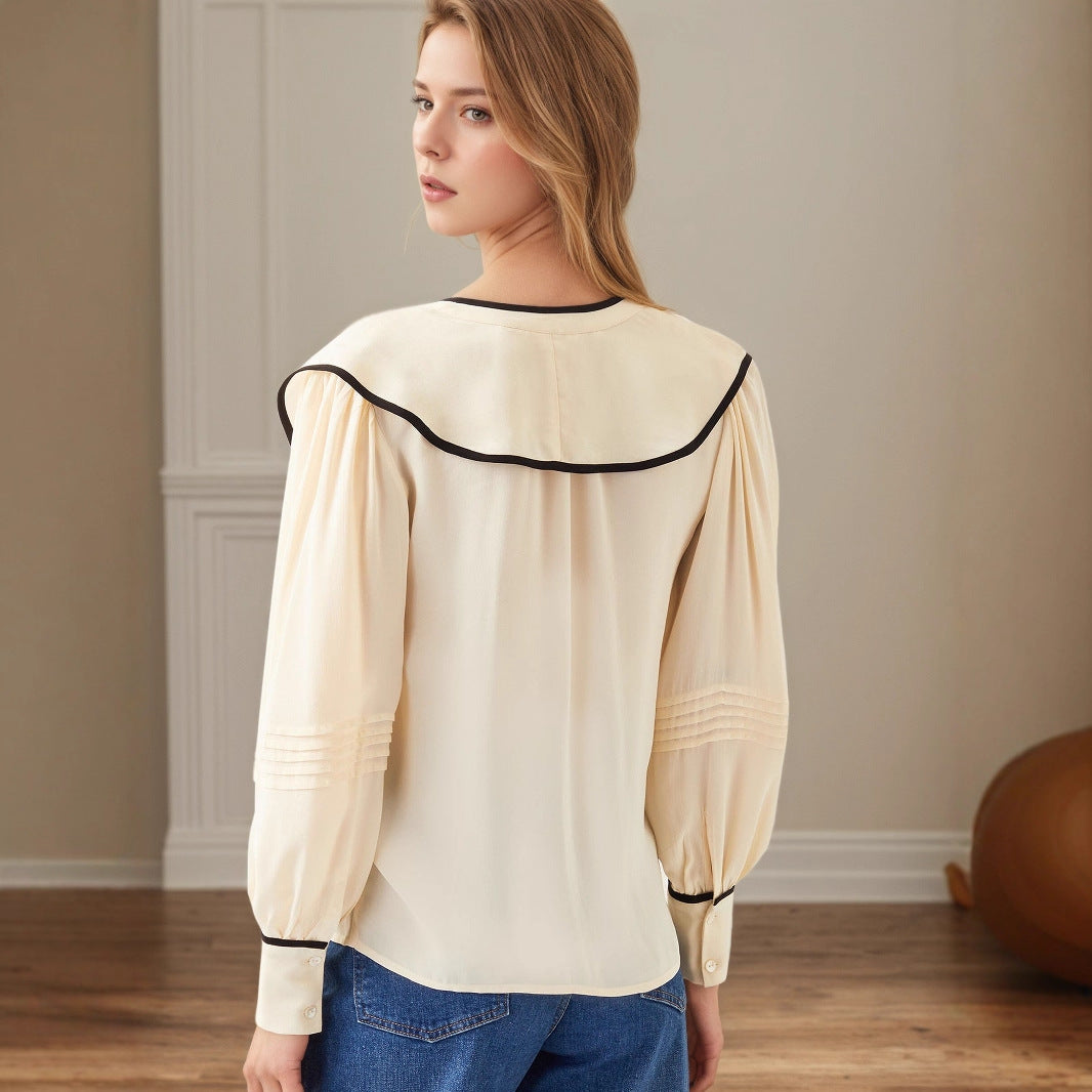 Women's Retro V-Neck Contrast Pleated Blouse With Loose Fit