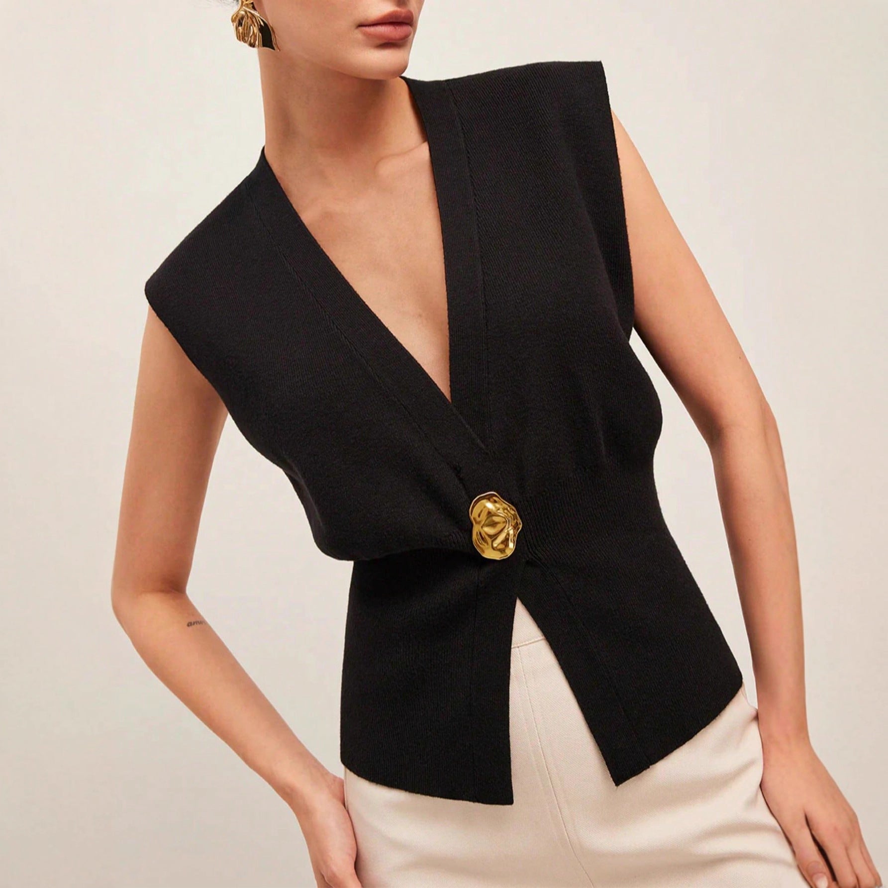 Black Casual Knit Vest Top For Women