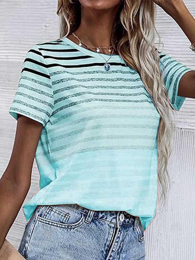 Striped Gradient 3D Print Round Neck Short Sleeve Casual Top