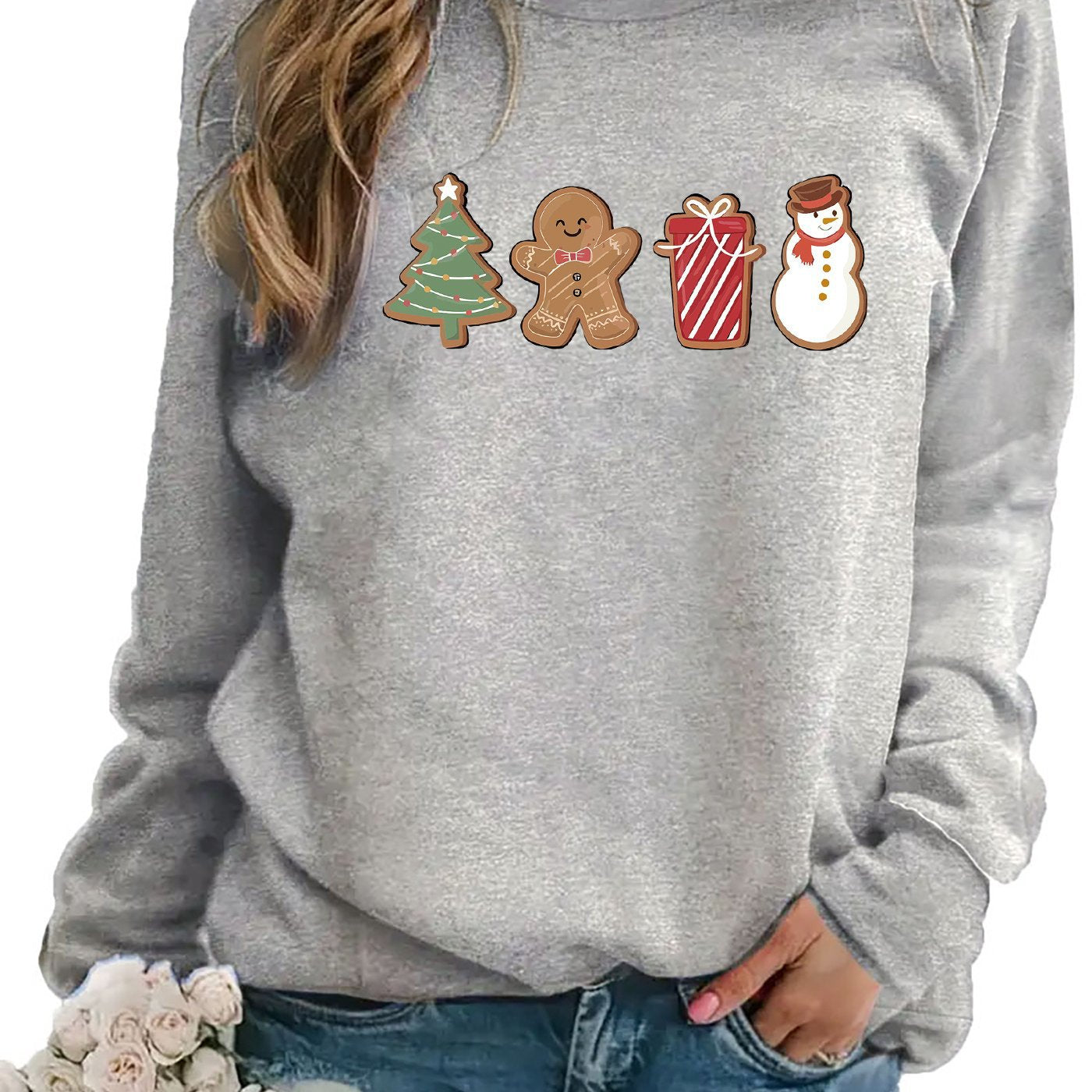 Snowman Gingerbread Print Cozy Long Sleeve Holiday Pullover Sweater