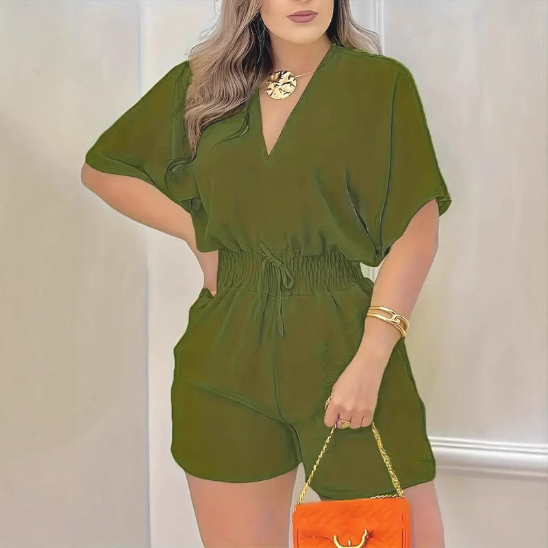 Ruffled V Neck Wide Leg Jumpsuit With Elegant Three Quarter Sleeves