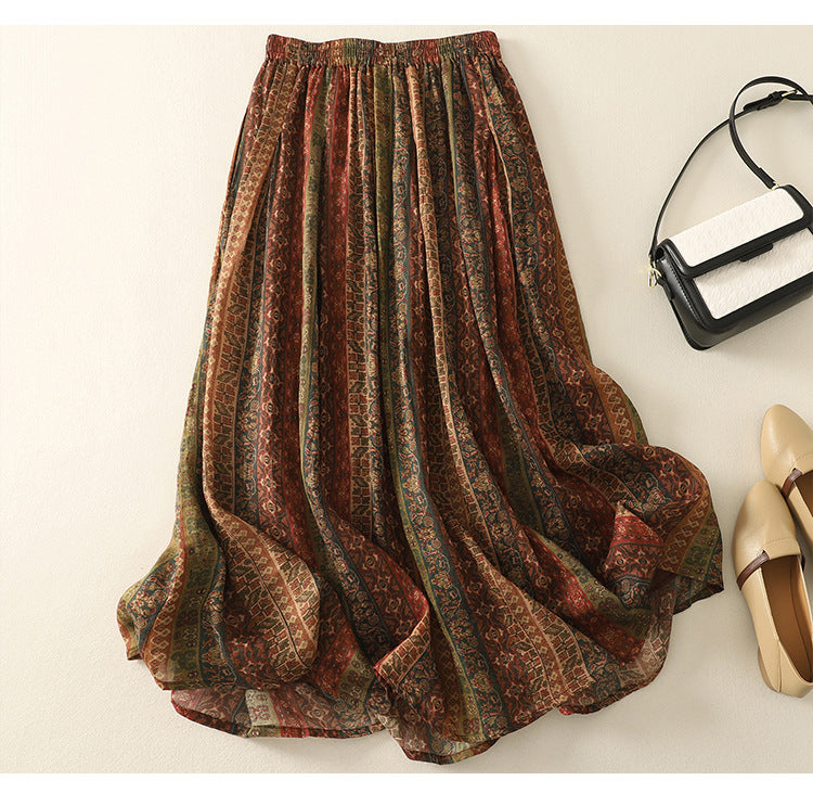 Women's Retro Printed Double Layer Pleated Mid Length Skirt