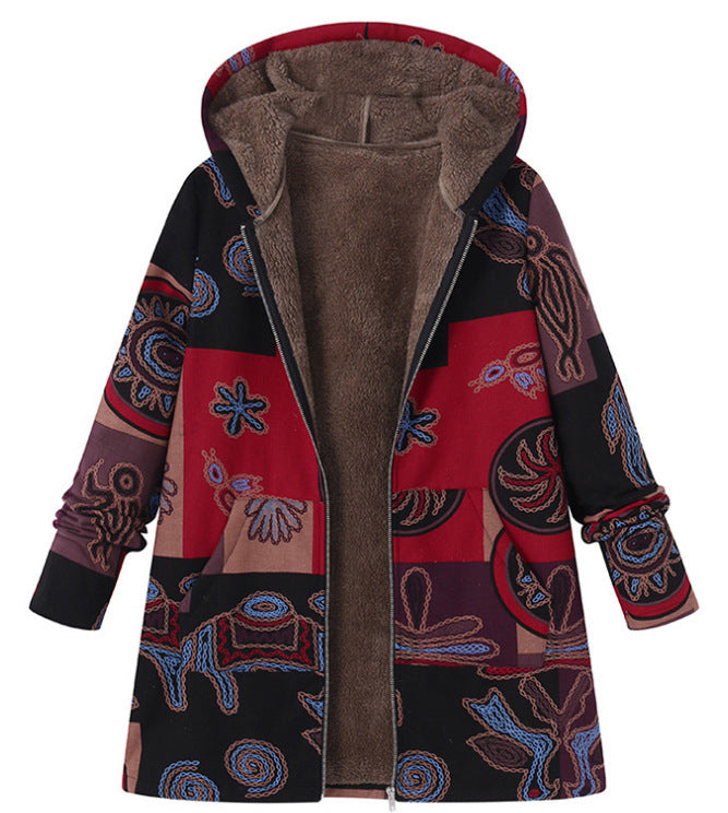 Retro Printed Hooded Zipper Coat With Large Pockets For Women