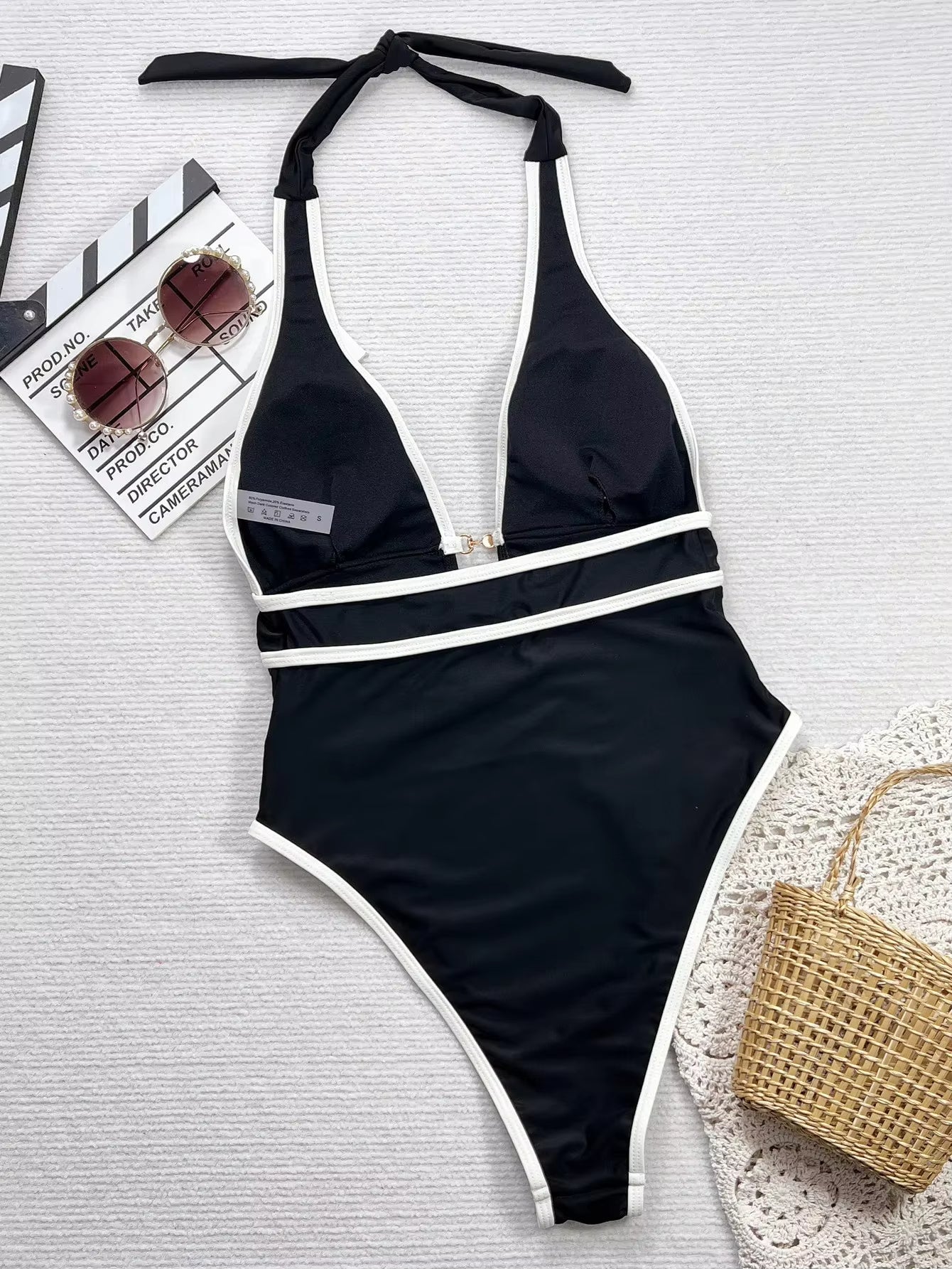 Deep V Suspender One Piece Swimsuit With Color Block Design