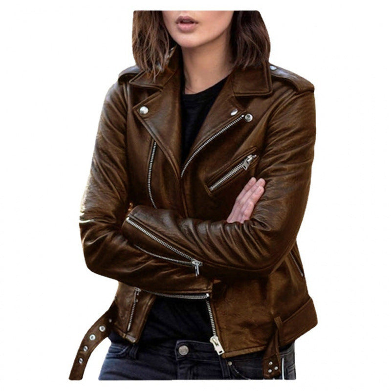 Slim Rivet-Detail Short PU Leather Jacket For Women
