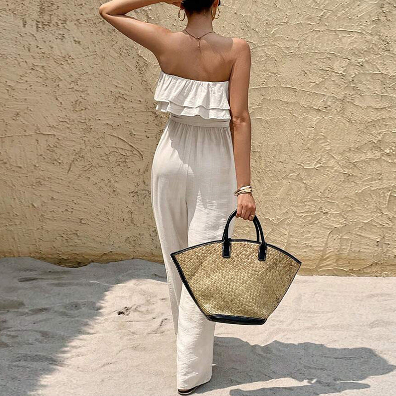 Ruffled Tube Top Sleeveless Jumpsuit With Adjustable Waist Tie