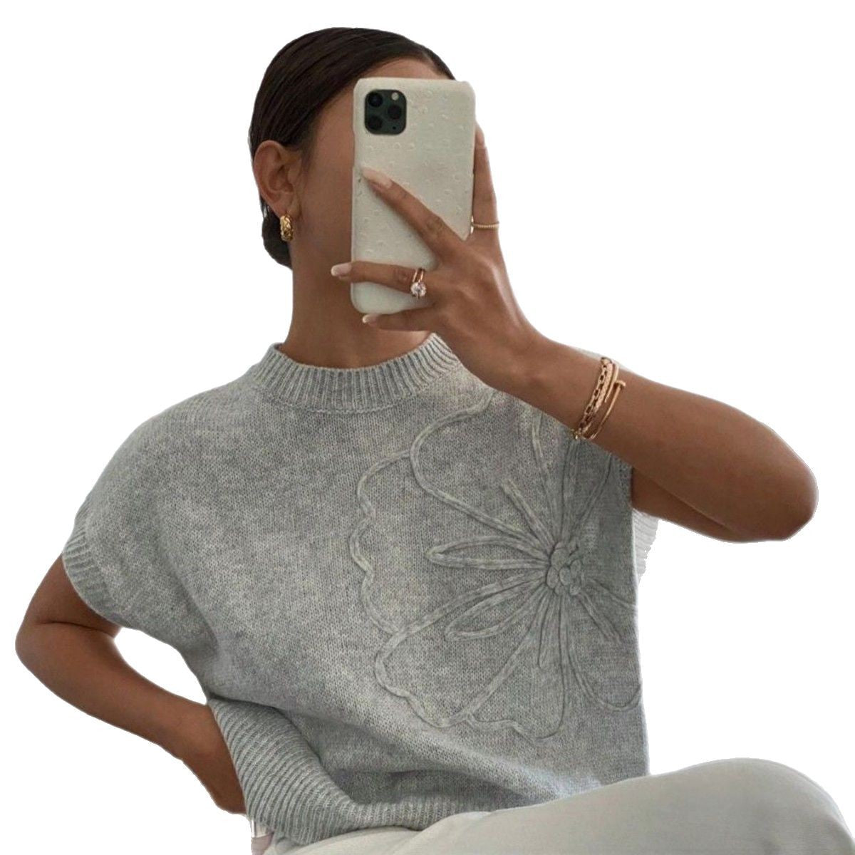 Gray Apricot Floral Jacquard Knitted Top For Women