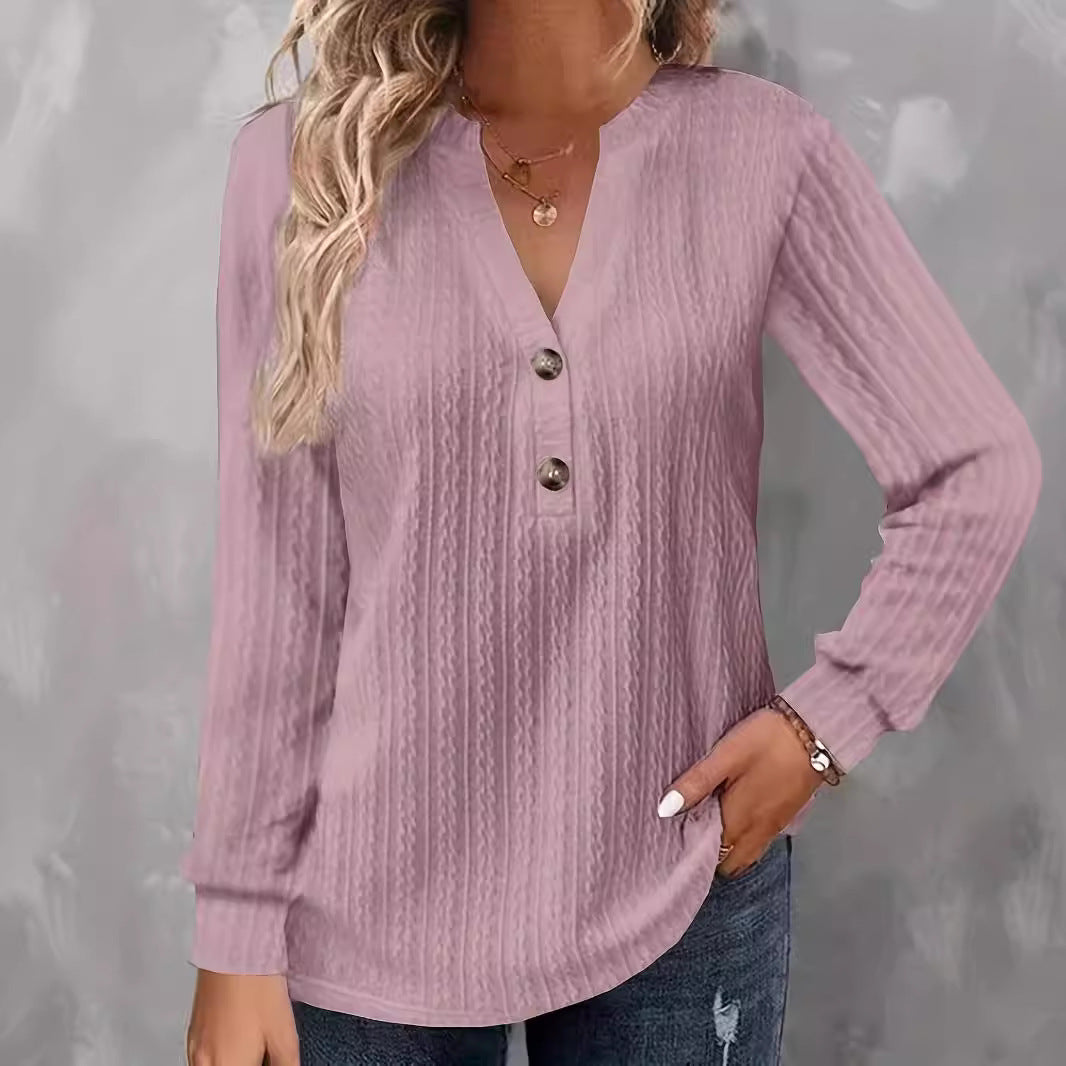 Women's Long Sleeve V-Neck Buttoned Solid Color Casual T-Shirt