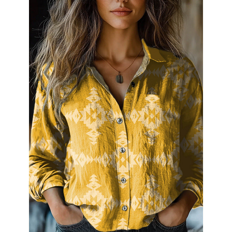Vintage Retro Print Long Sleeve Lightweight Casual Button Shirt