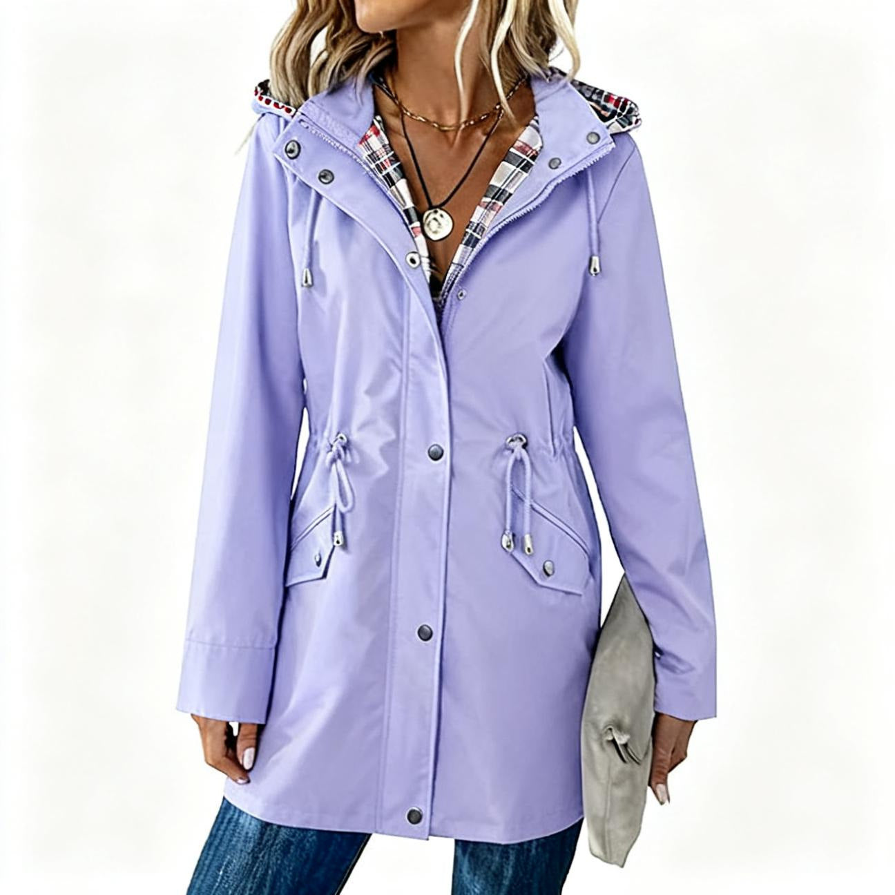 Plaid Hooded Drawstring Nipped-Waist Coat For Stylish Everyday Wear