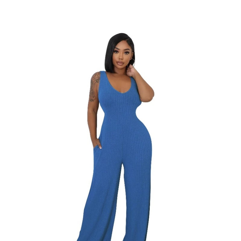 High Stretch Ribbed Jumpsuit Set With Backless Detail And Puff Sleeves