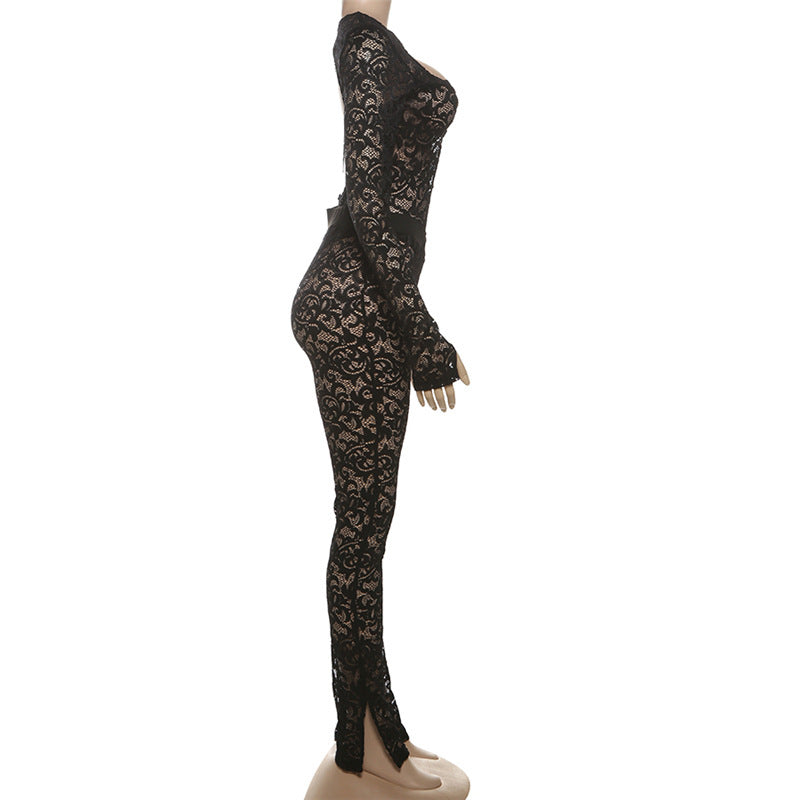 Lace Hollow Stitching Slim Fit Jumpsuit With Sheer Detailing