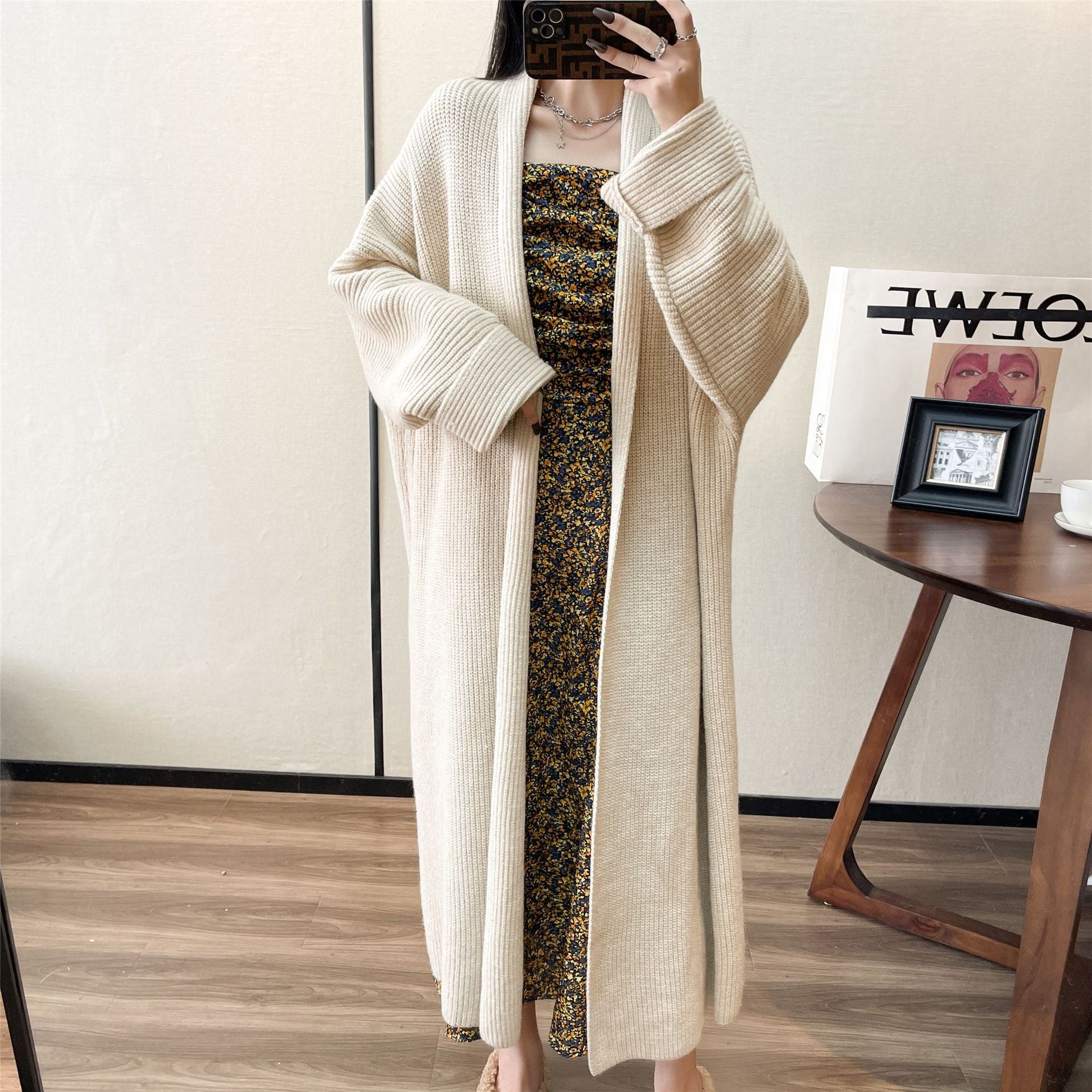 Oversized Mid Length Cardigan Coat In Neutral Tones