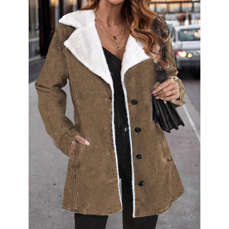 Plush Lapel Mid-Length Suede Coat With Fur Collar For Women