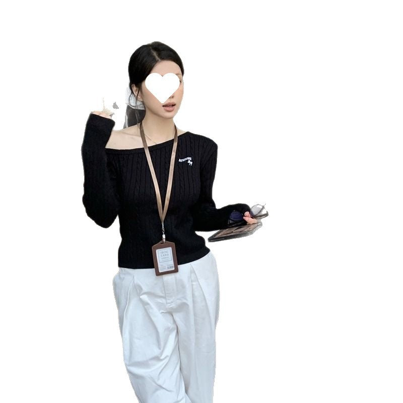 Off-Shoulder Embroidered Knit Long Sleeve Slim Fit Short Top