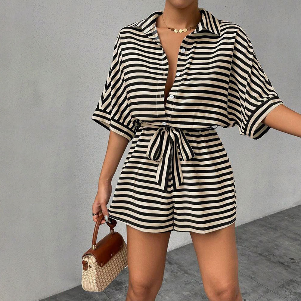 Striped Loose Fit Jumpsuit With Elastic Waist And Five Point Sleeves