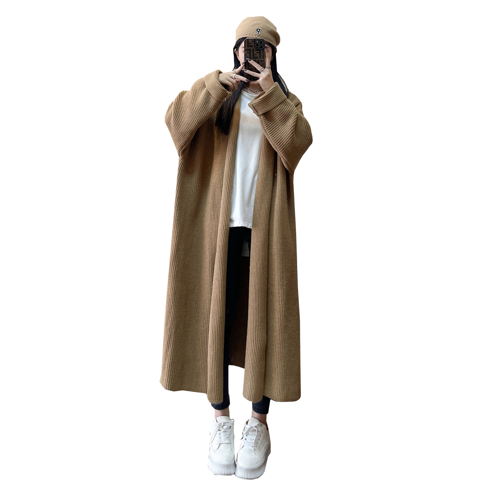 Oversized Mid Length Cardigan Coat In Neutral Tones