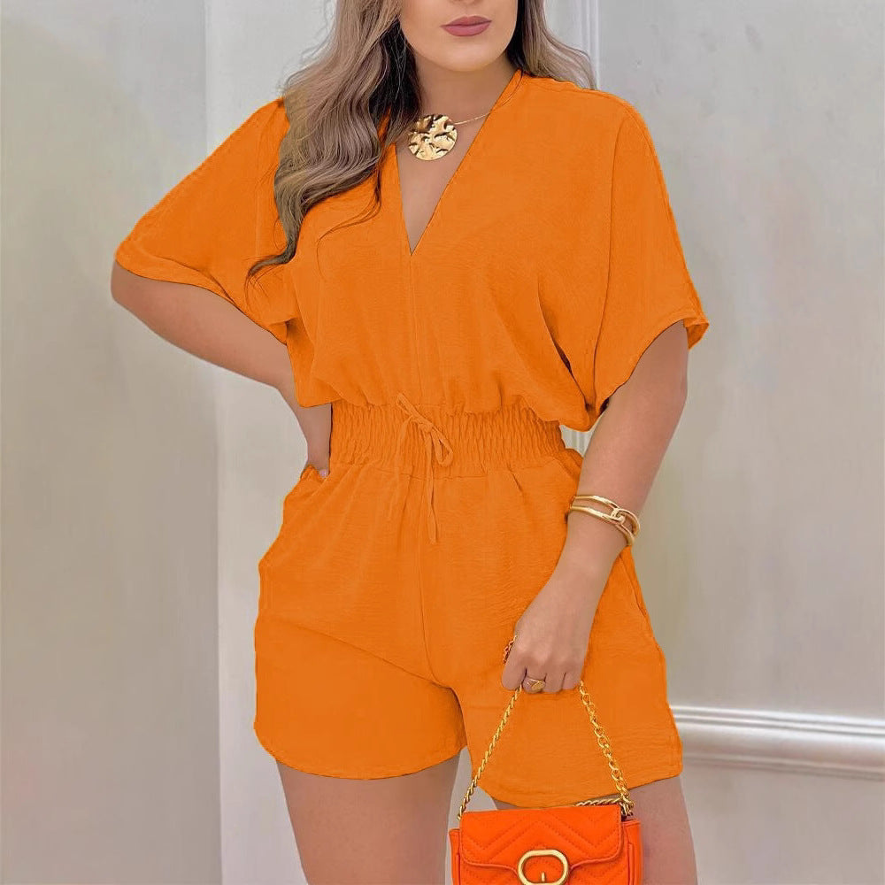 Ruffled V Neck Wide Leg Jumpsuit With Elegant Three Quarter Sleeves
