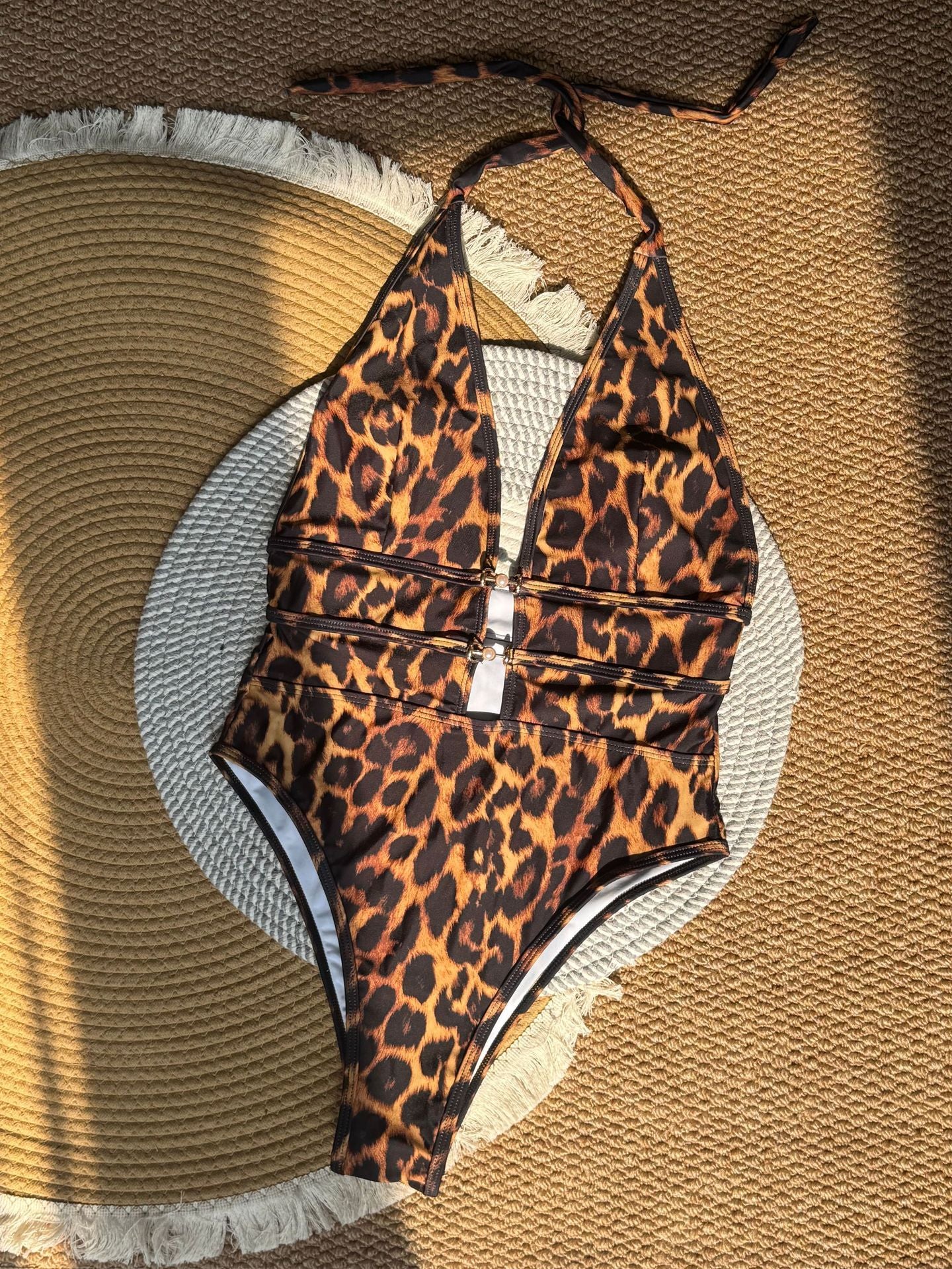 Deep V Suspender One Piece Swimsuit With Color Block Design
