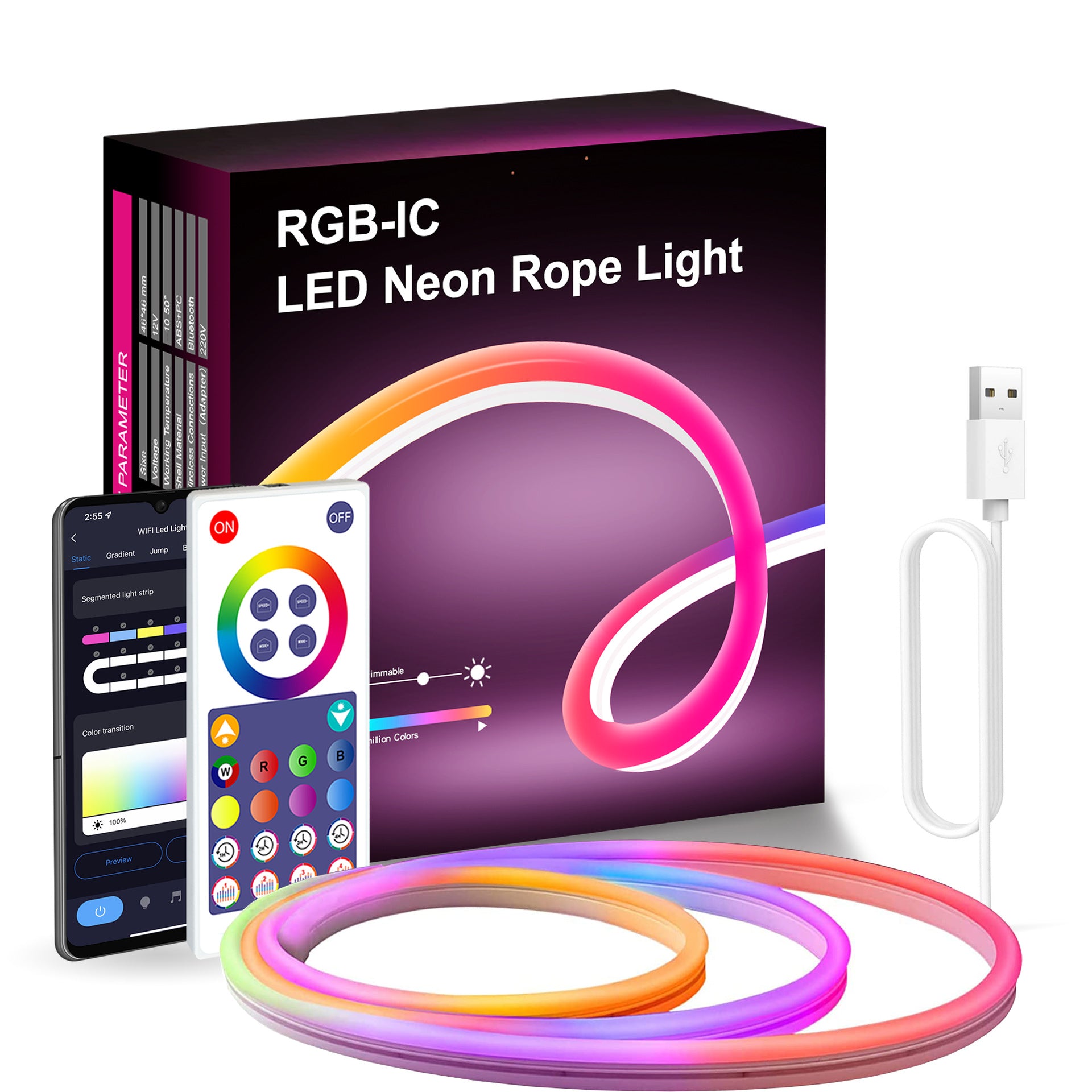 Three Meter RGB Neon LED Light Strip With Music Sync