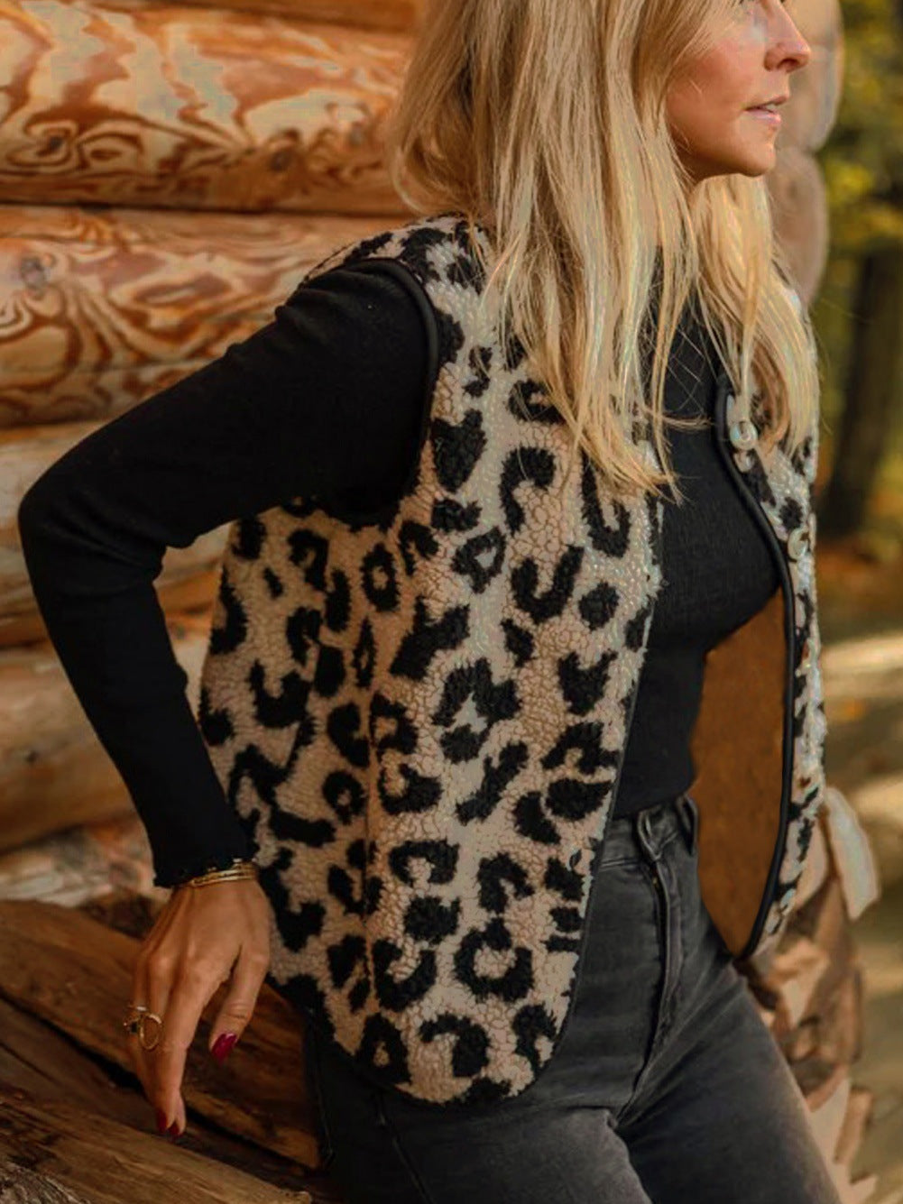Leopard Pattern Faux Fur Sleeveless Cardigan Warm Winter Vest
