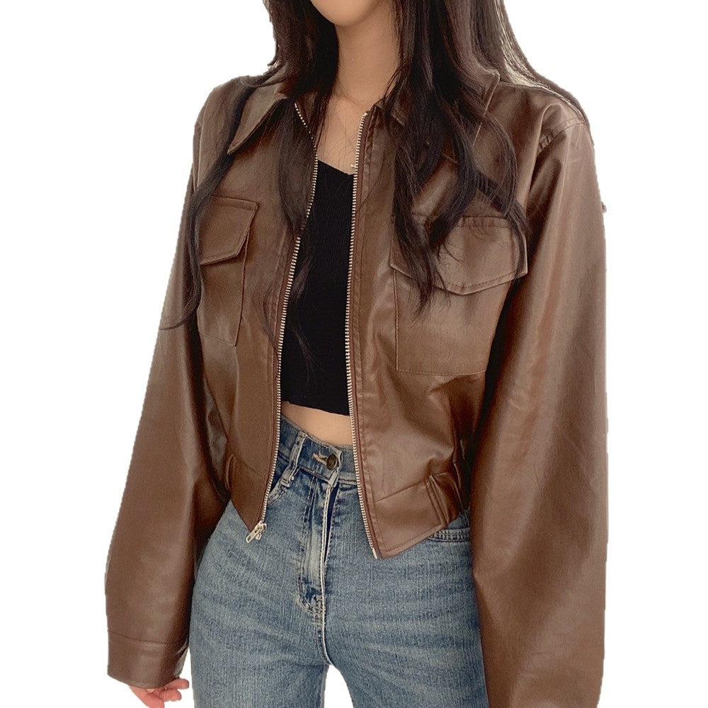 Double Pocket Lapel PU Lapel Coat With Generous Fit