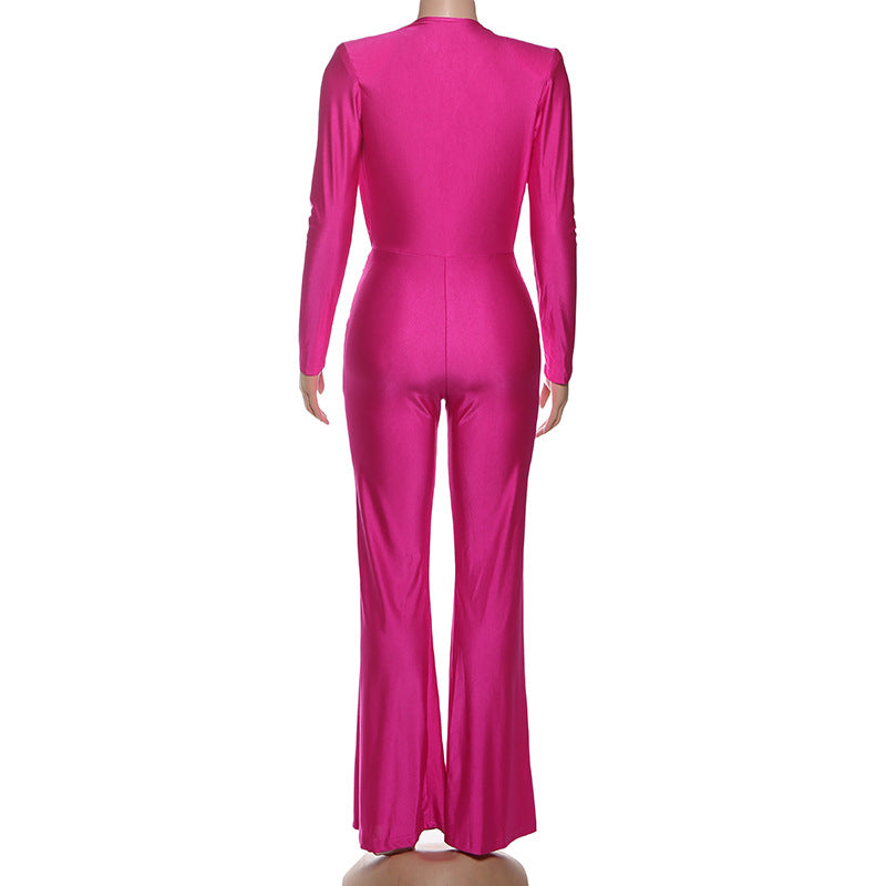 Deep V Slim Fit Flared Jumpsuit With High Waist