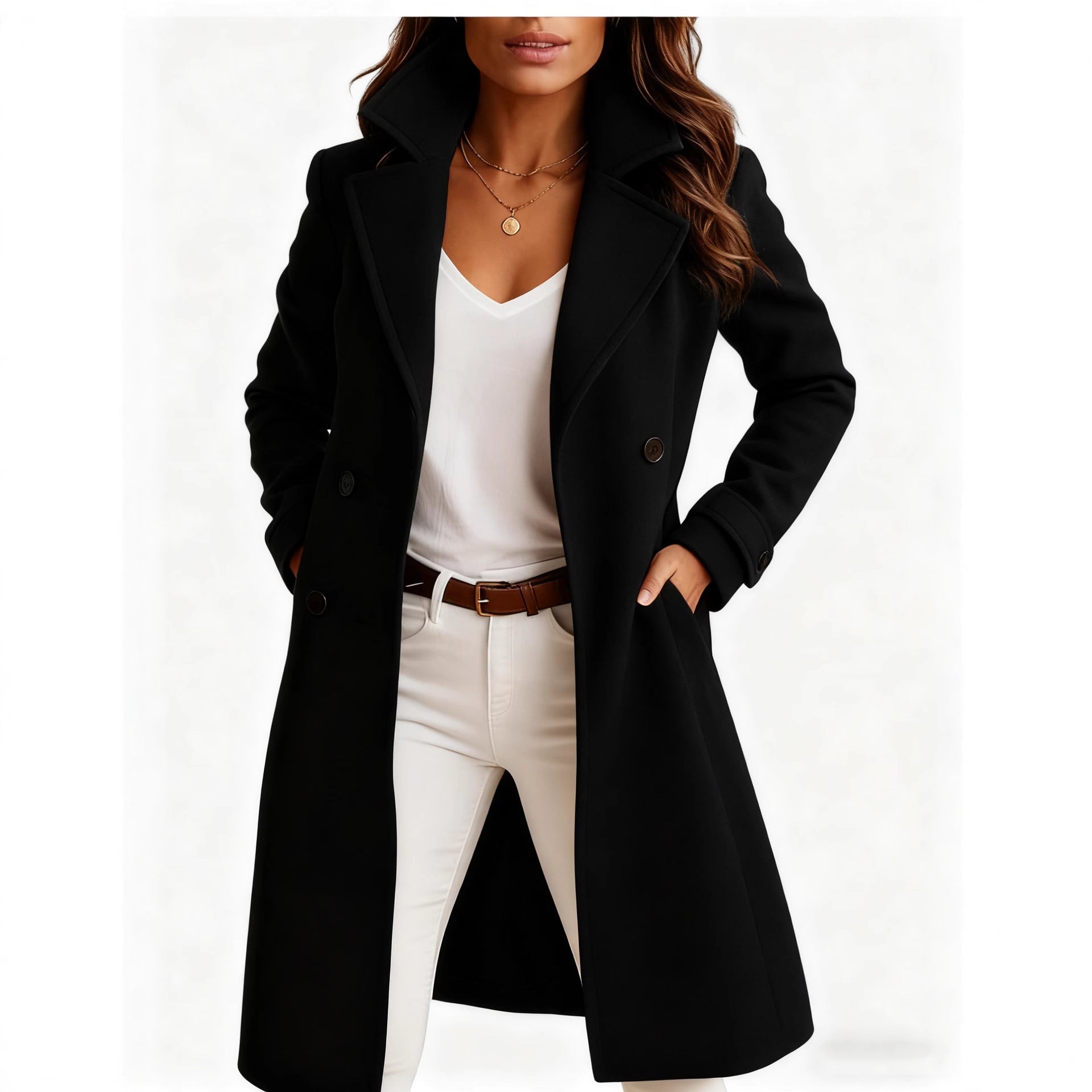 Single Breasted Mid-Length Lapel Coat With Pockets For Women