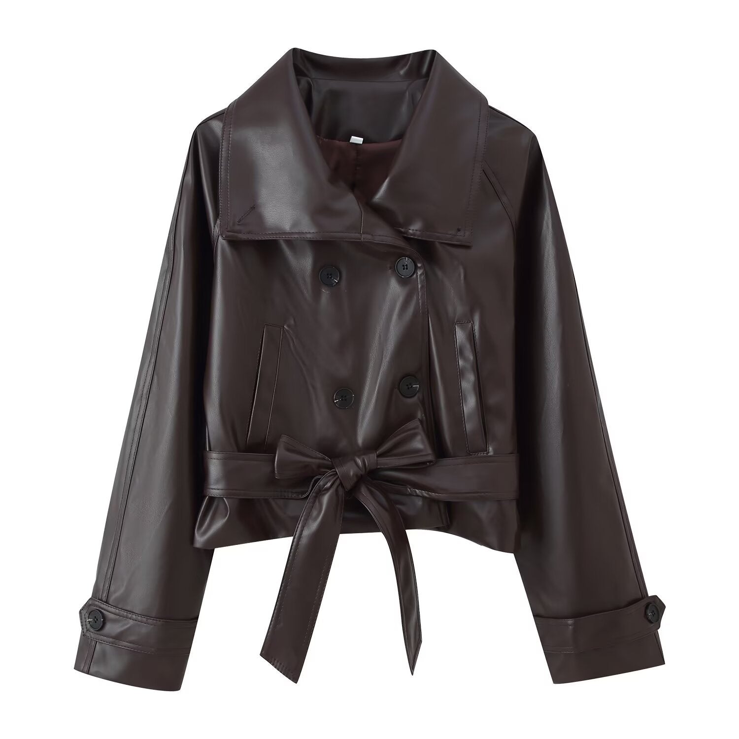 Two-Tone Double Breasted Short Lace Up Faux Leather Coat