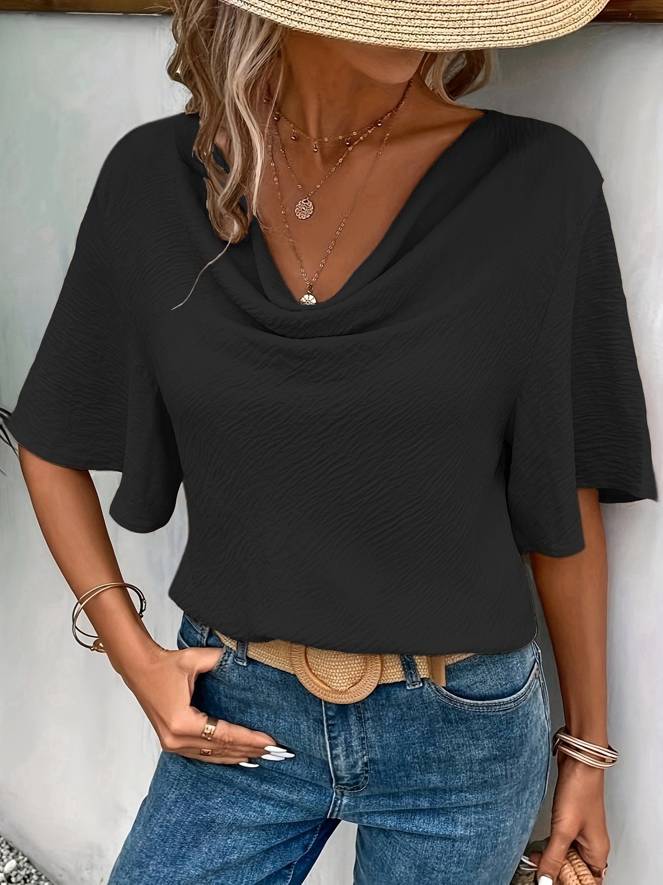 Elegant Solid Color Short Sleeve Satin Pullover Commuter Top
