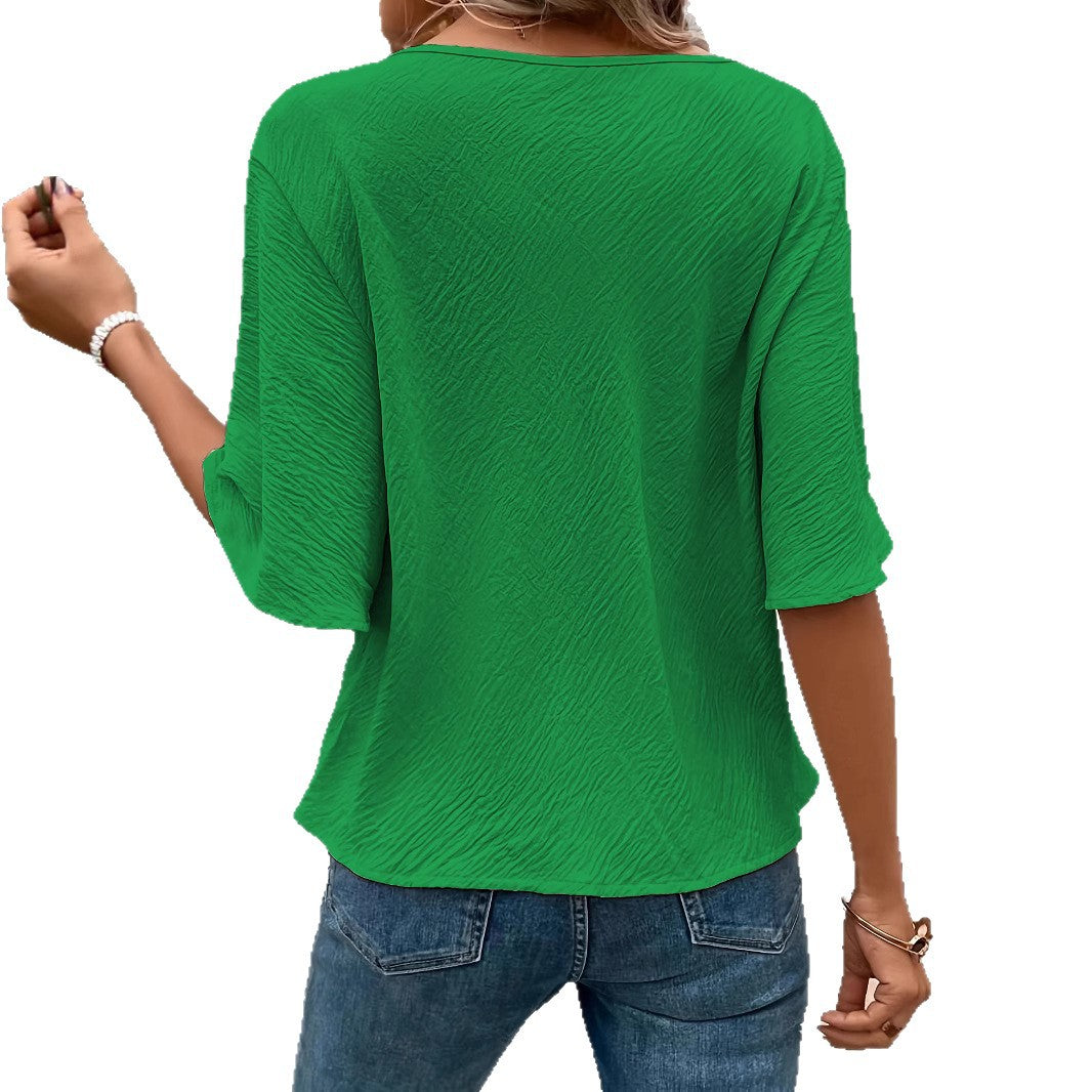 Elegant Solid Color Short Sleeve Satin Pullover Commuter Top
