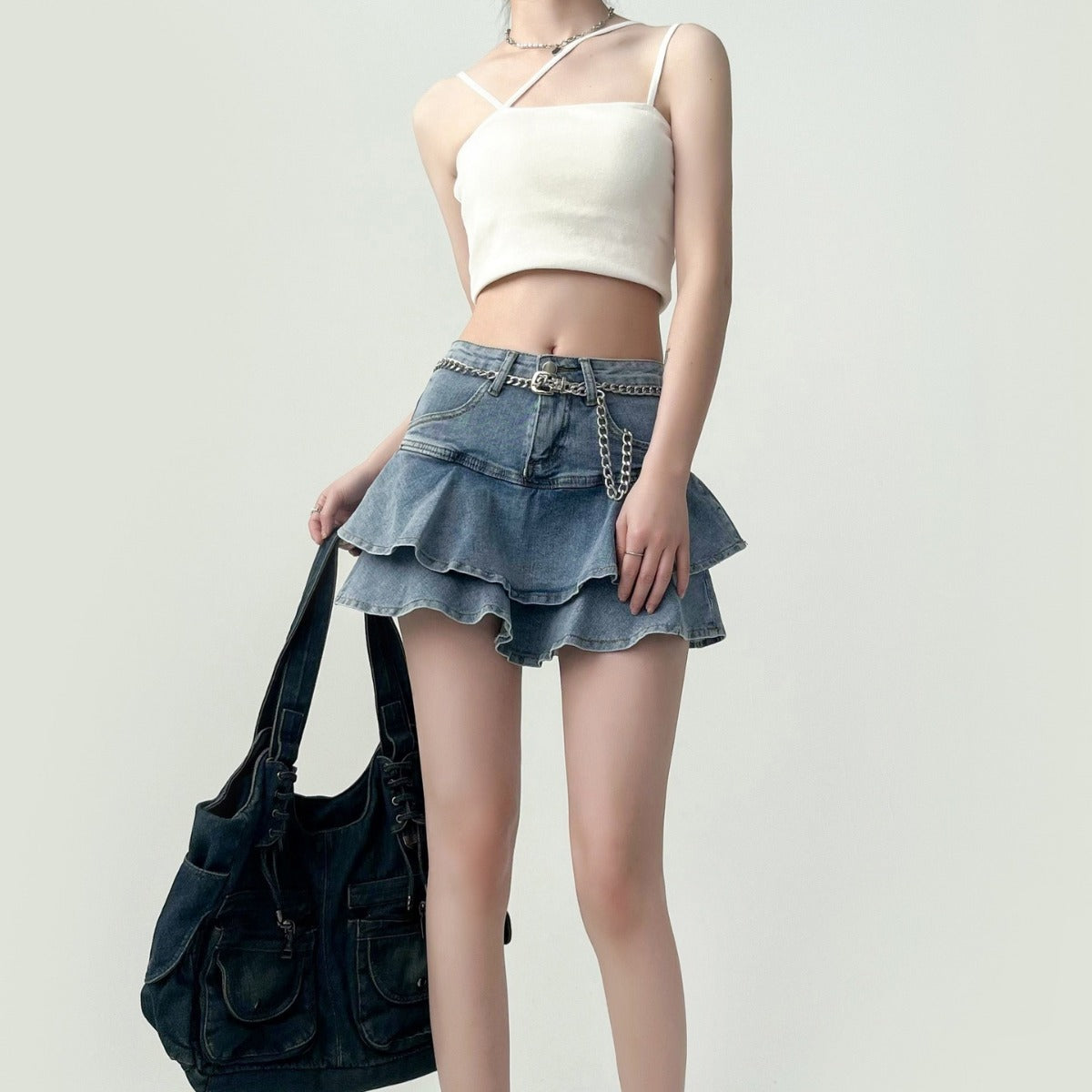 Designer Ruffled Denim Mini Skirt With Figure Hugging Fit