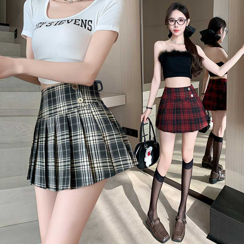 Spring Summer Plaid Pleated Mini Skirt With Button Detail